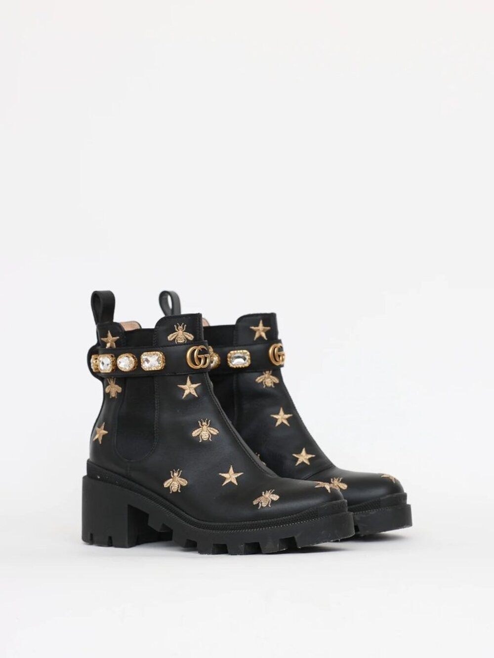 Gucci Stars and Bee Embroidered Leather Ankle Boots with Belt